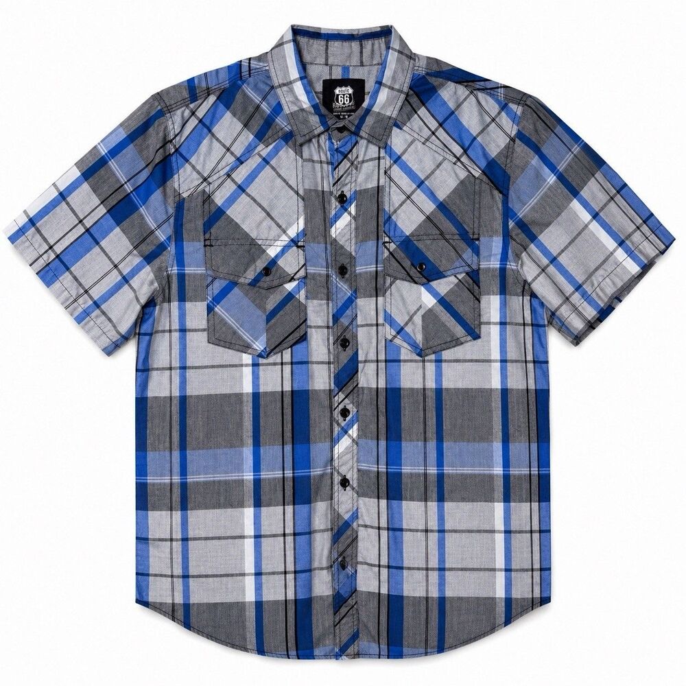 Route 66 Shirt Men's Medium Gray Blue Plaid Short Sleeve Snap Front Western NWOT